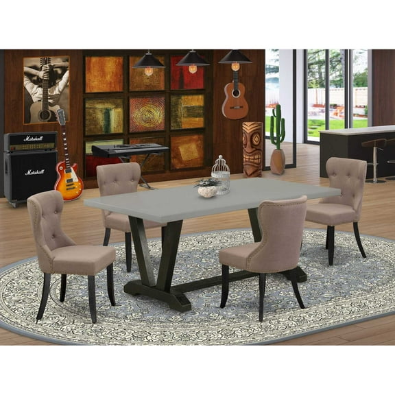 East West Furniture V697SI648-5 5-Pc Dining Table Set- 4 Kitchen Parson Chairs with Coffee Linen Fabric Seat and Button Tufted Chair Back - Rectangular Table Top & Wooden Legs - Cement and Wire...