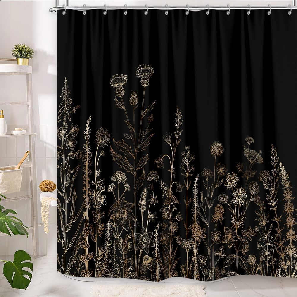 Vintage Black and Gold Boho Shower Curtain, Black and Tan Cream Floral Aesthetic Dark Wildflower Botanical Flowers Shower Curtain for Bathroom with Hook,Farmhouse Plant Art Chic Shower Curtain 72X72