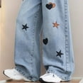 thumbnail image 6 of ZACPNCV Girls Jeans Baggy Wide Leg Ripped Denim Pants Heart & Flower Print High Elastic Waisted Skater Jeans Blue 14-15 Years, 6 of 7