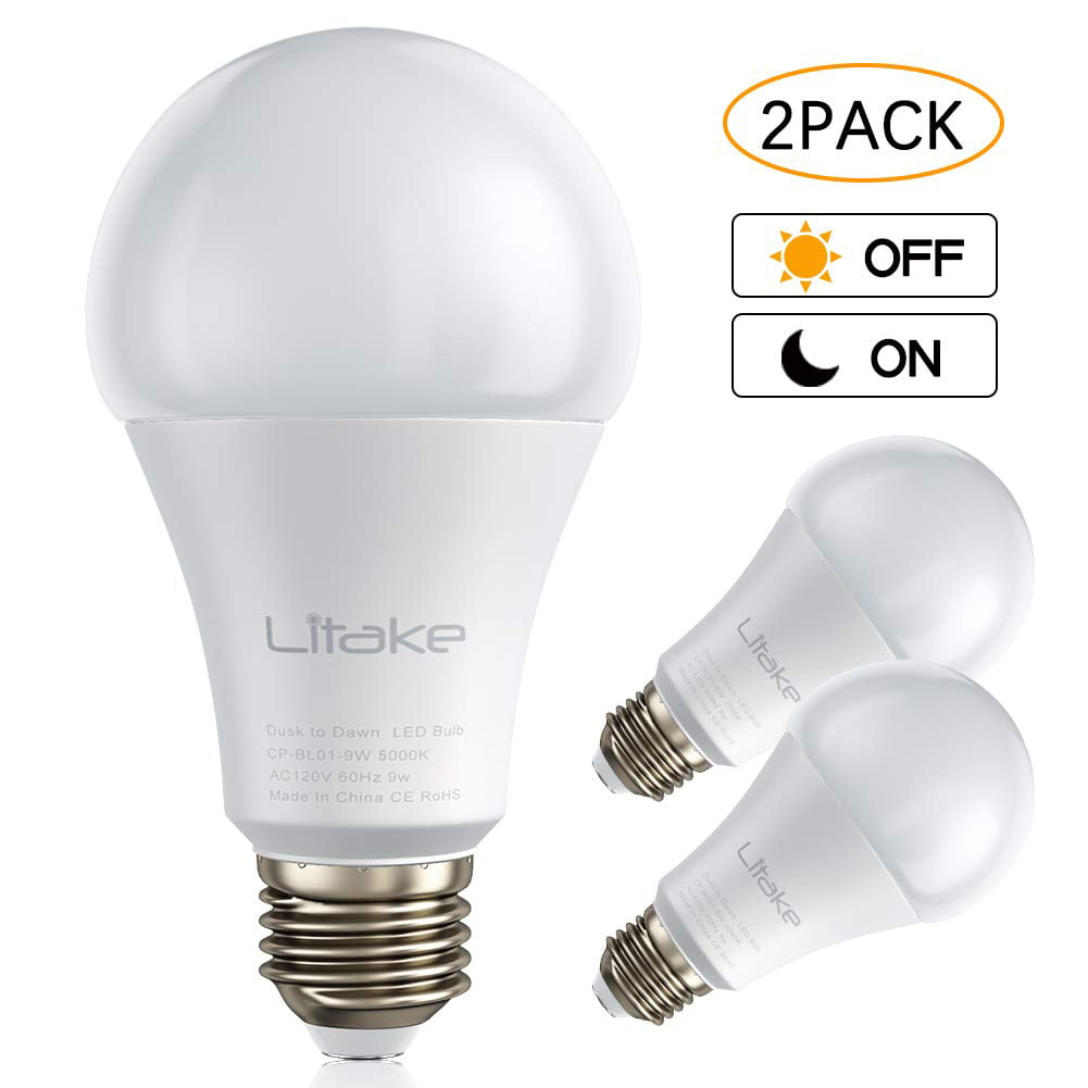 Litake A19 LED Sensor Light Bulbs,Dusk to Dawn Light Bulbs 80 Watt Equivalent Daylight 5000K Auto On LED Bulbs for Front Door Hallway,4 Packs 