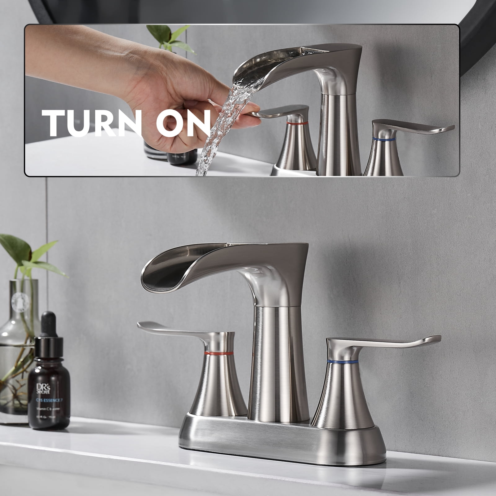 Brushed Nickel Bathroom Faucet,Yundoom 4 Inch Centerset Bathroom Faucet,Waterfall Bathroom Faucet,2 Handle Bathroom Faucet for Sink,360 Degree Swivel Spout Bathroom Sink Faucet with Pop Up Drain