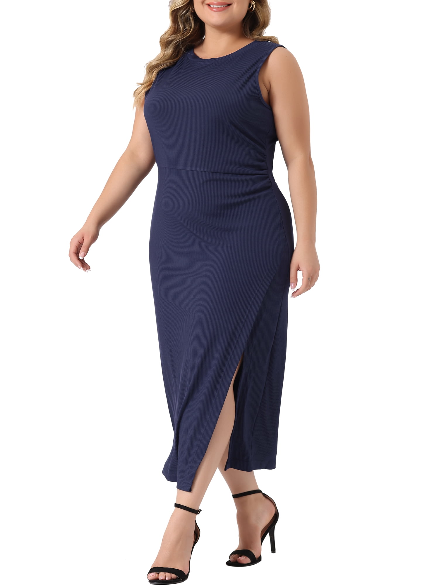 Unique Bargains Women's Plus Size Elegant Knit Slit Tank Midi Ruched Bodycon Dresses 3X Navy Blue