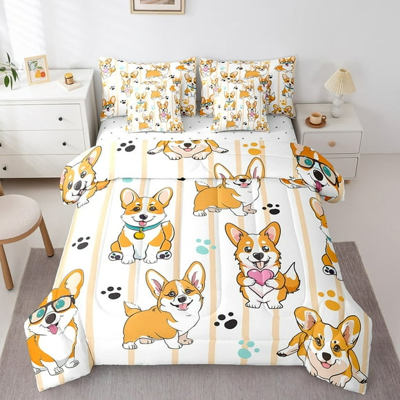YST Corgi Kids Comforter Set Queen 7 Piece,Cute Dog Paw Decor Bed in A Bag With Sheet Set Boys Girls Lovely Puppy Animal Bedding Set Yellow Corgi Reversible Bed Set