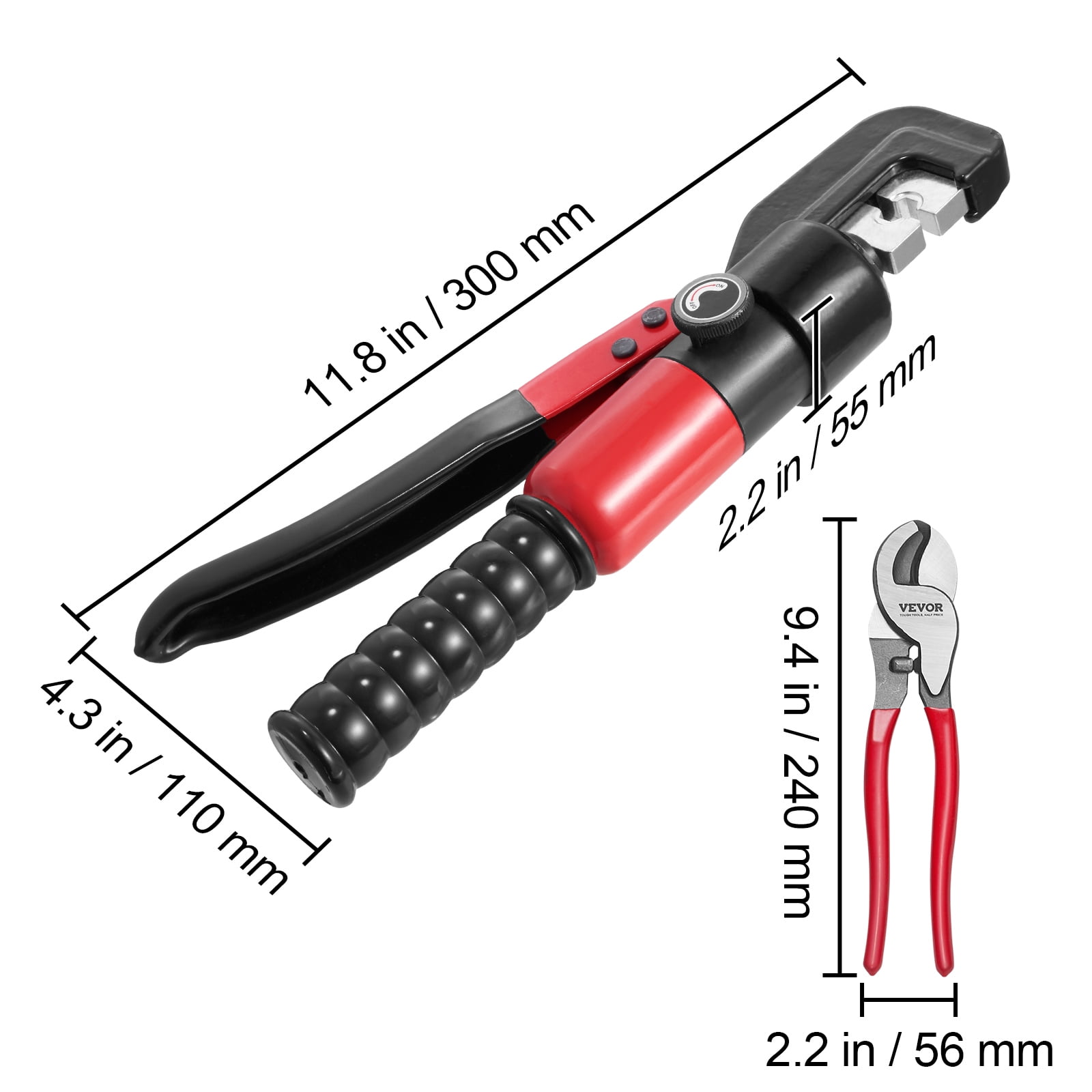 VEVOR Hydraulic Crimping Tool with 9 Sets of Dies AWG12-2/0 Copper And Aluminum Terminal Battery Lug Crimper, with a Cutting Pliers, Gloves, 5pcs Copper Ring Connectors, 8pcs Heat Shrink Sleeves