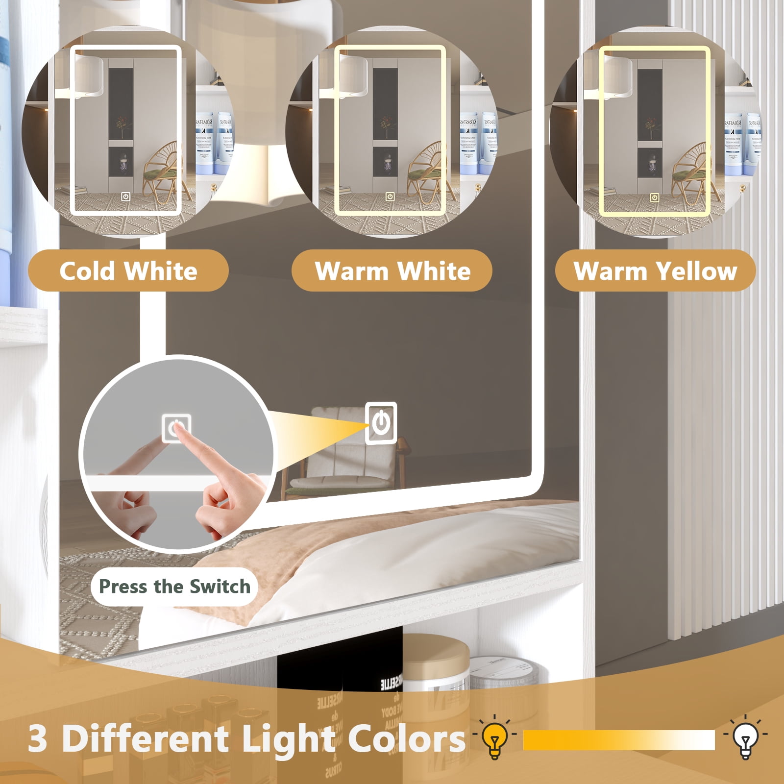 Makeup Vanity with Lights in 3 Colors & Openable Mirror, Vanity Desk with 4 Drawers & 1 Cabinets & Shelves, Vanity Table Rattan Vanity Dresser, for Bedroom, White