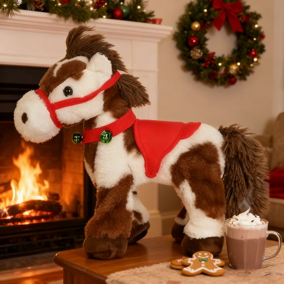 Christmas Spotted Electric Plush Horse, Festive Stuffed Pony with Red Bells & Harness, Animated Toy Gift for Kids