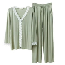 Defitshape Women's Cute Pajama Set Soft Lace Long Sleeve Button Down Shirt Capri Pants Set Lightweight 2 Piece V Neck Pjs Sleepwear Pockets Green Small-Medium