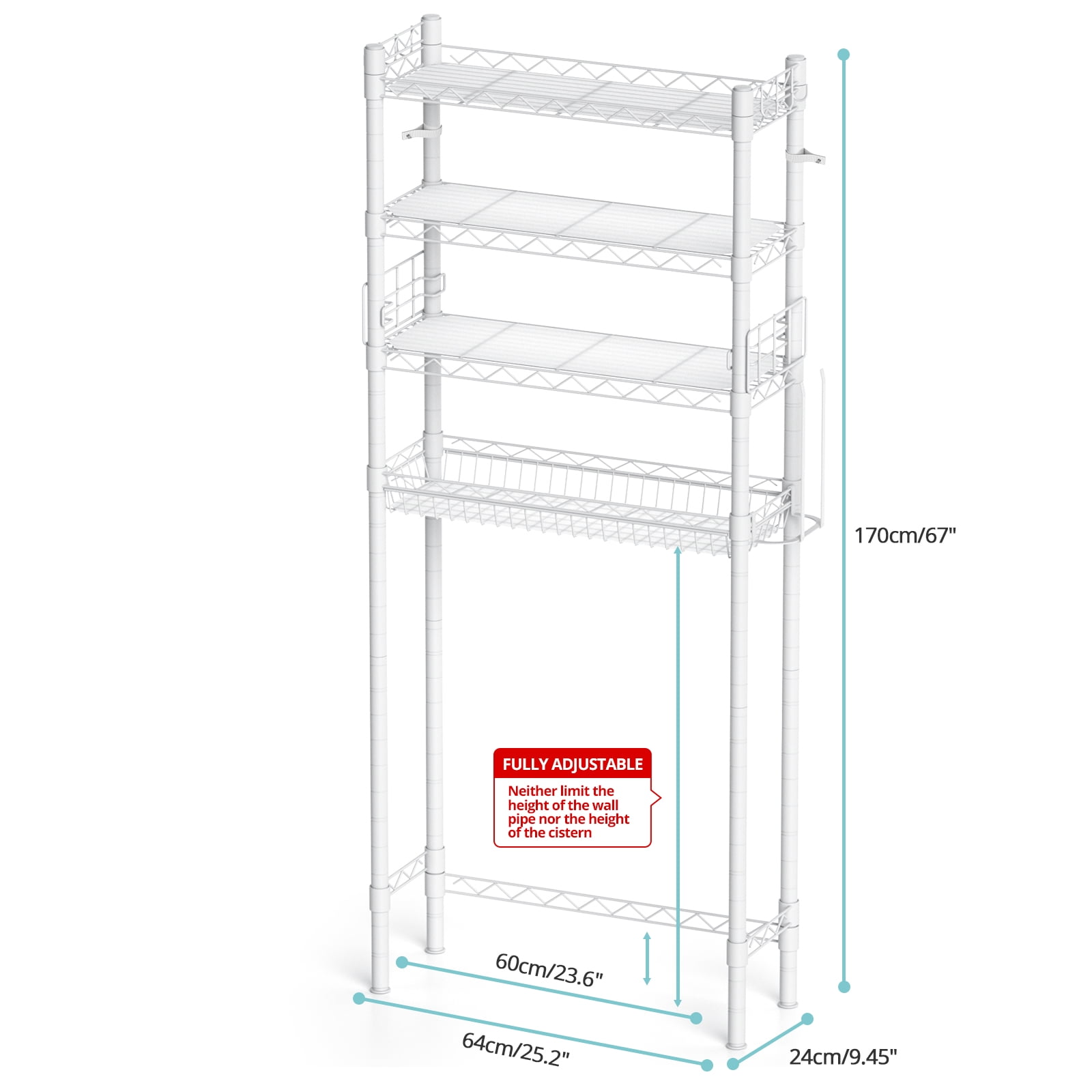 Over The Toilet Storage, Bathroom Organizer Shelves Space Saver Over Toilet, Above Toilet Storage Rack, Over-The-Toilet Storage Shelf, White