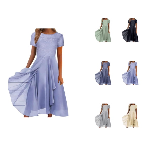 Prom Dress Midi Dresses for Women Fashion Dress Chiffon Patchwork Crew Neck Lace Hollow Skirt Bridesmaid Evening Dress
