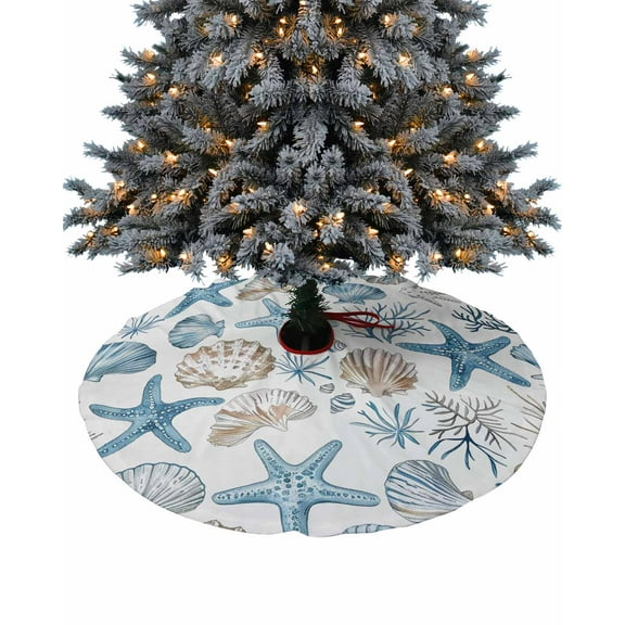 Blue Beige Coastal Christmas Tree Skirt 48 Inches Large Christmas Skirt Tree, Summer Beach Nautical Starfish Shell Tree Skirt Christmas Decorations for Fireplace Party Holidays Indoor Outdoor