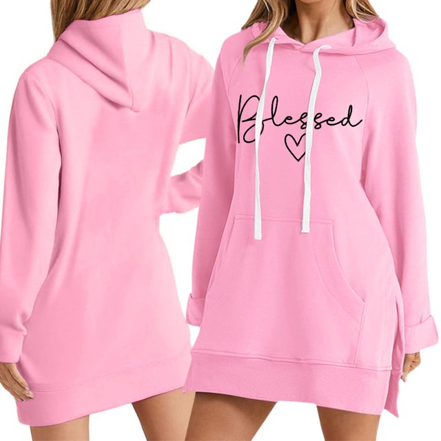 Robes Grande Taille Robe à Capuche Surdimensionnée Longue Robe Sweat à Capuche avec Poches Robe de Printemps Rose S