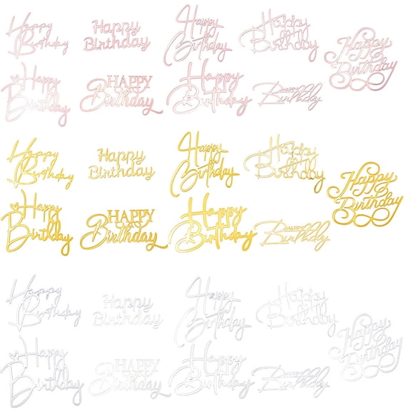 1 Box 27 Styles Happy Birthday Cupcake Toppers Acrylic Mirror Cake Topper Bulk Plastic Gold Silver Pink Shiny Non Edible Cakes Decorations