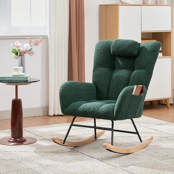 Rocking Chair, Fabric Upholstered Glider Rocker Rocking Accent Chair with High Backrest,Side Pockets for Living Room, Bedroom, Cozy Reading