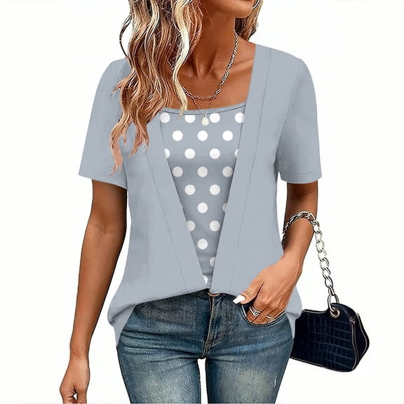 Two-Piece Look T-Shirt for Women Short Sleeve Crewneck Polka Dot Patchwork Faux Cardigan Style Loose Fit Casual Soft Graphic Daily Lightweight Top