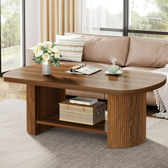 Tribesigns Oval Coffee Table, Mid-Century 2-Tier Coffee Table with Storage Shelf, Modern 45.27" Accent Center Table with Wooden Dual Base for Living Room Bedroom Apartment, Rustic Brown