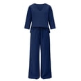 thumbnail image 4 of Zynoxe Womens Plus Size Two Piece Sets Cotton Linen V-neck Top Wide Leg Pants Summer Outfits Peasant Gauze Lounge Sets with PocketsNavyS, 4 of 5
