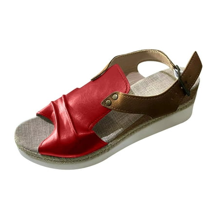 

Lovskoo 2024 Women s Flats Sandals Summer Wedge Casual Clasp Peep Toe Beach Roman Sandals Red