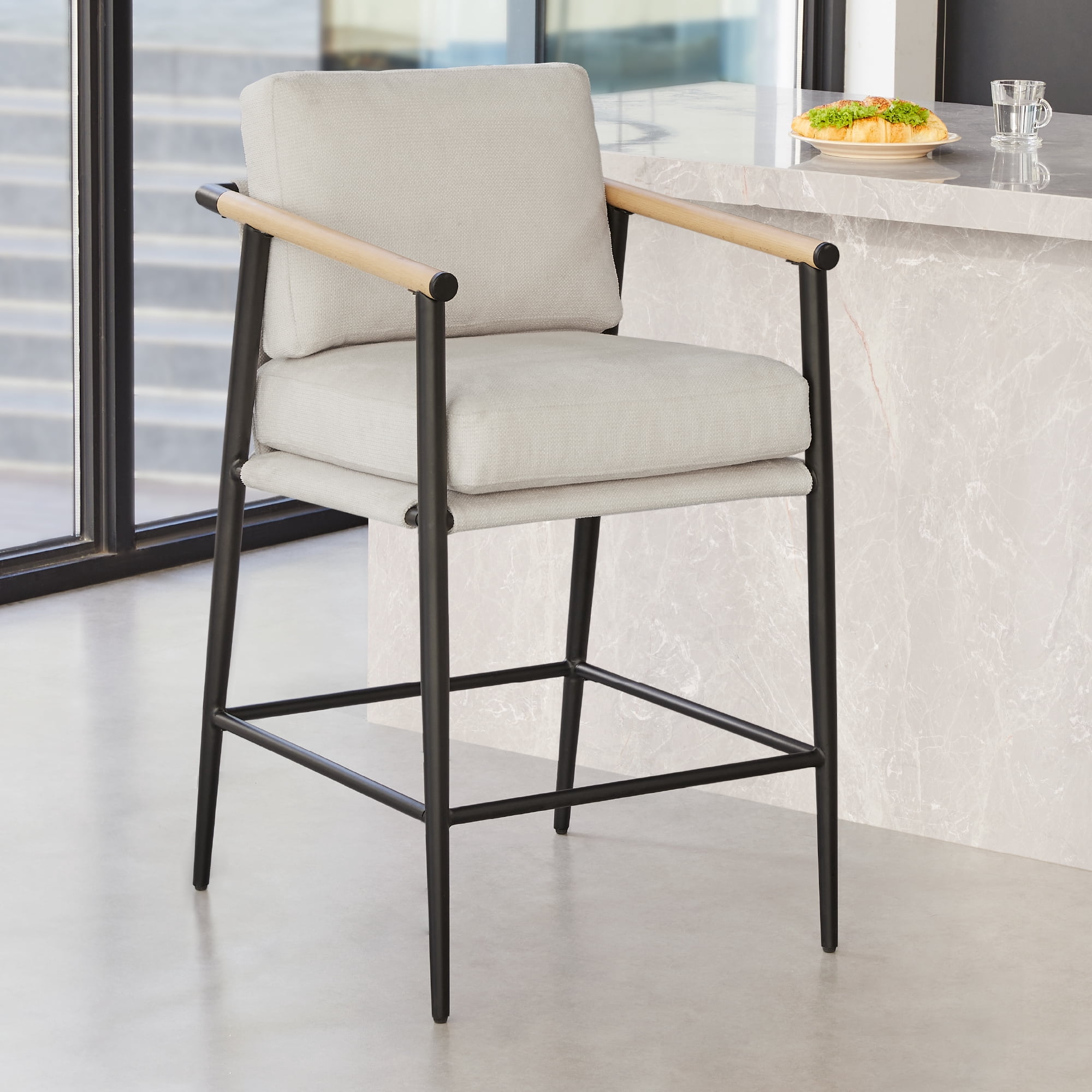 CHITA Modern Counter Stools Set of 2, Upholstered Bar Stools with Metal Frame and Wooden Armrests, Fabric in Beige