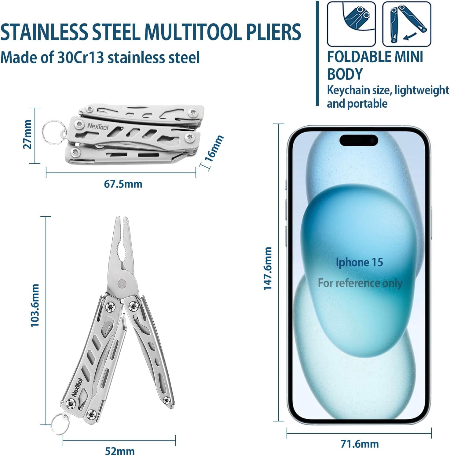 NexTool EDC Multitool, 10 in 1 Mini Pocket Knife Multi Tool with Key Ring, Mini Flagship, Sliver