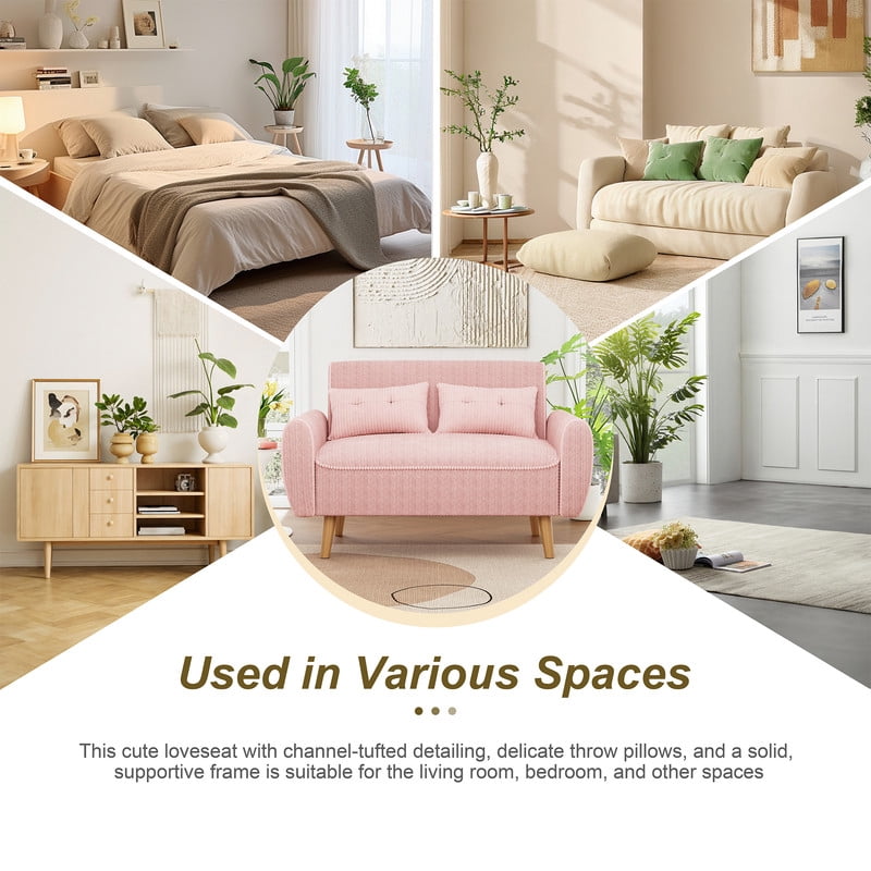 Walsunny Small Modern Loveseat Sofa, Upholstered Fabric Love Seat with Linen Cushions, Compact and Stylish for Small Spaces, Living Room, Bedroom, Office,Pink