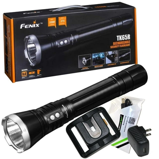 FENIX TK65R USB Rechargeable 3200 Lumen Cree LED Police Flashlight with, 5000mAh rechargeable battery, Belt clip and EdisonBright USB charging cable bundle