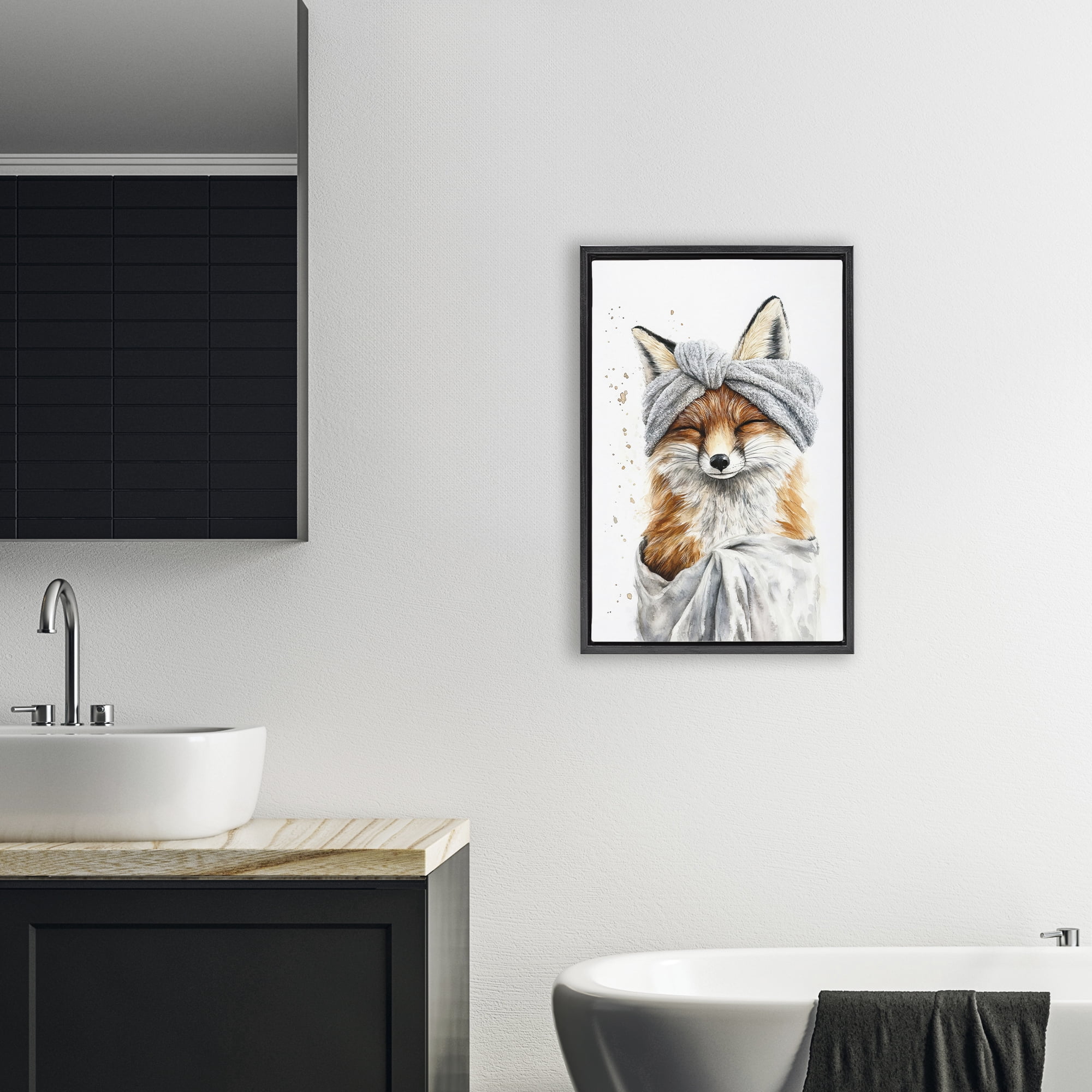 Stupell Industries Bathroom Fox Wrapped in Towel Black Framed Floater Canvas Wall Art, design by Tina LeCour
