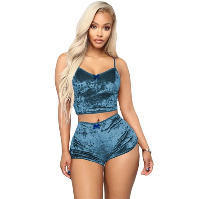Conjunto de Pijama Sexy para mujer, ropa interior de seda satinada, terciopelo, cómodo, Top corto sin mangas y pantalones cortos
