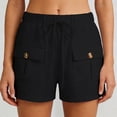 thumbnail image 2 of Rggeeun Women'S Shorts Solid Color Elastic High Waist Cargo Soft Mid-Rise Loose Fit Straight Leg With Side Plus Pockets & Adjustable Tie For Summer Work Leisure Hot Pants,Black,L, 2 of 6
