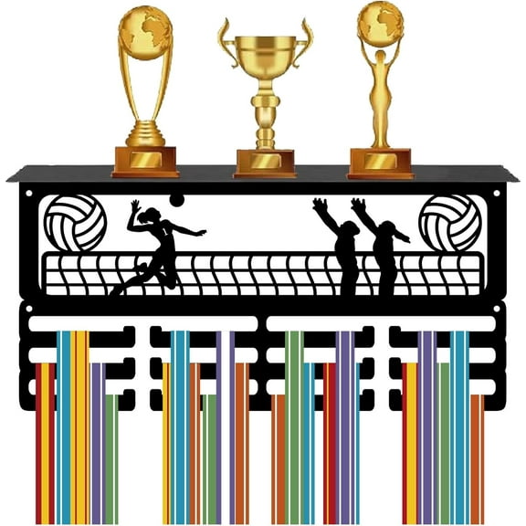 Volleyball Medal Holder Trophy Shelf Display with 12 Hooks Sports Metal Medal Hanger for DIY Wall Mount Hold 60  Medals Ribbons Organizer Rack with Shelf for DIY Award Race 15.7 x 8 x 4 Inch
