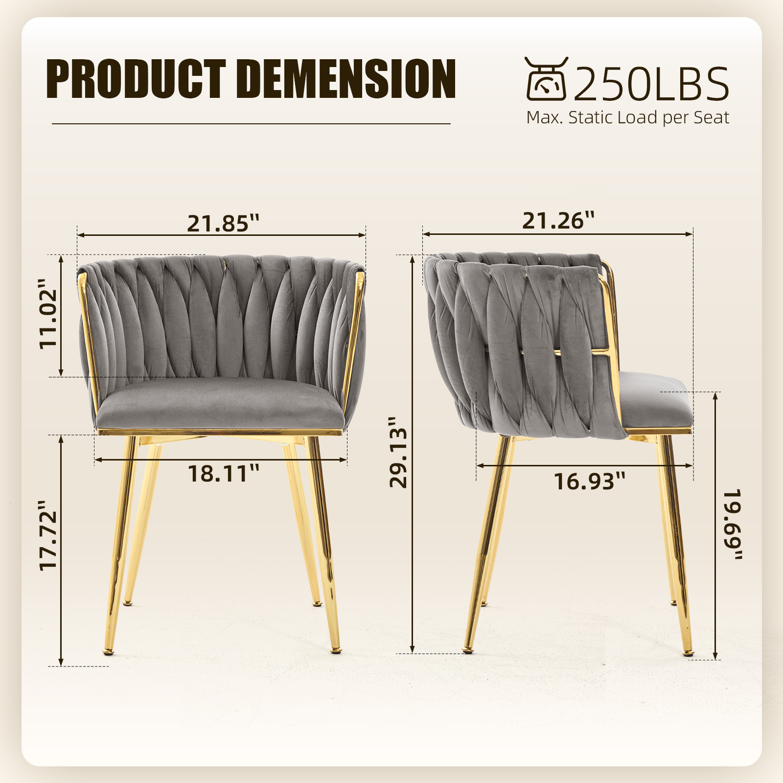MOONMISS Velvet Upholstered Tufted Wood Frame Side Dining Chair with Golden Legs（set of 2）-Gray