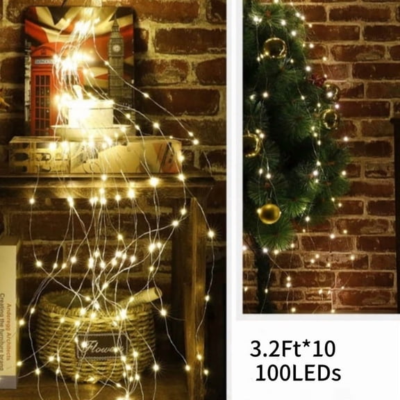 【3.2Ft 100LEDs Vine Lights】Horsetail Waterfall String Lights - Outdoor Copper Wire LED Decor (Warm White)