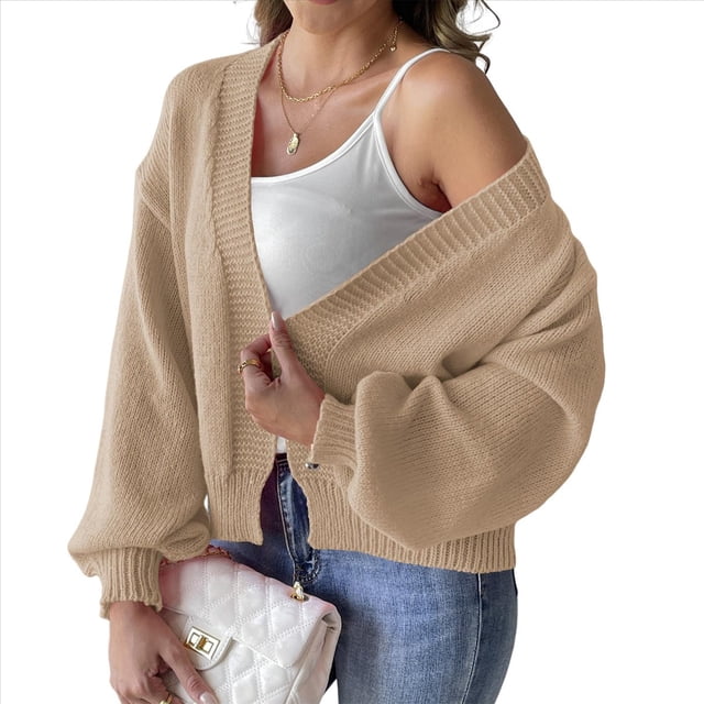 Suéteres Tipo Cárdigan para Mujer, Modernos, de Punto Grueso, con Mangas Largas y Abertura Frontal Caqui S