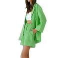 thumbnail image 5 of Franhais Women Casual 2pcs Pants Suit,Solid Color Button-down Tops + Elastic Waist Loose Fit Shorts, 5 of 7