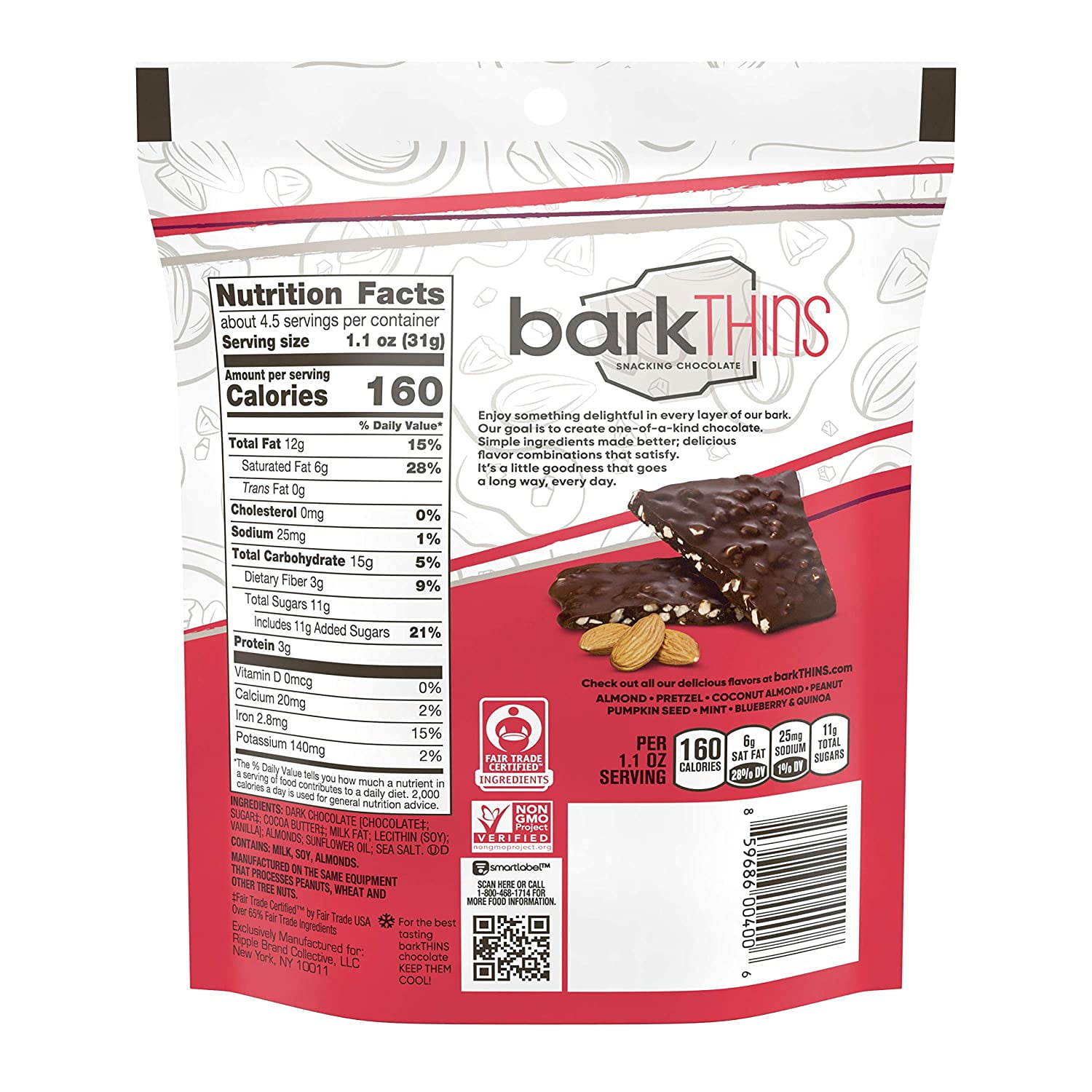 barkthins snacking chocolate| Almond sea salt dark chocolate | thin pieces 4.7oz /133grms Bundle of 2