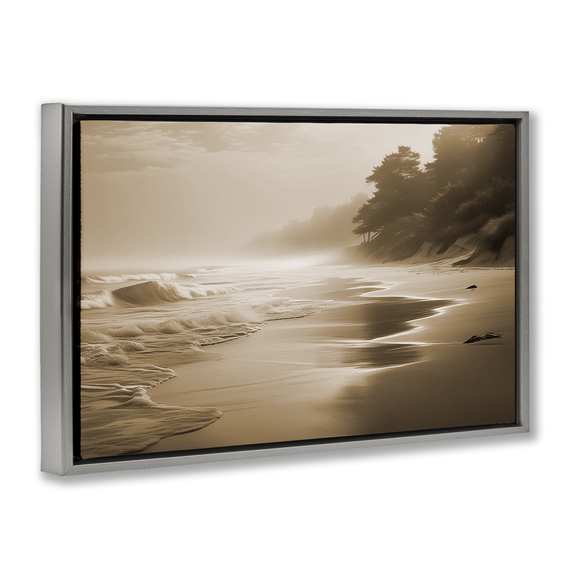 Stupell Industries Sepia Smooth Beach Landscape Landscape & Nature Photography Gray Floater Framed Canvas Art Print Wall Art, 25 x 17