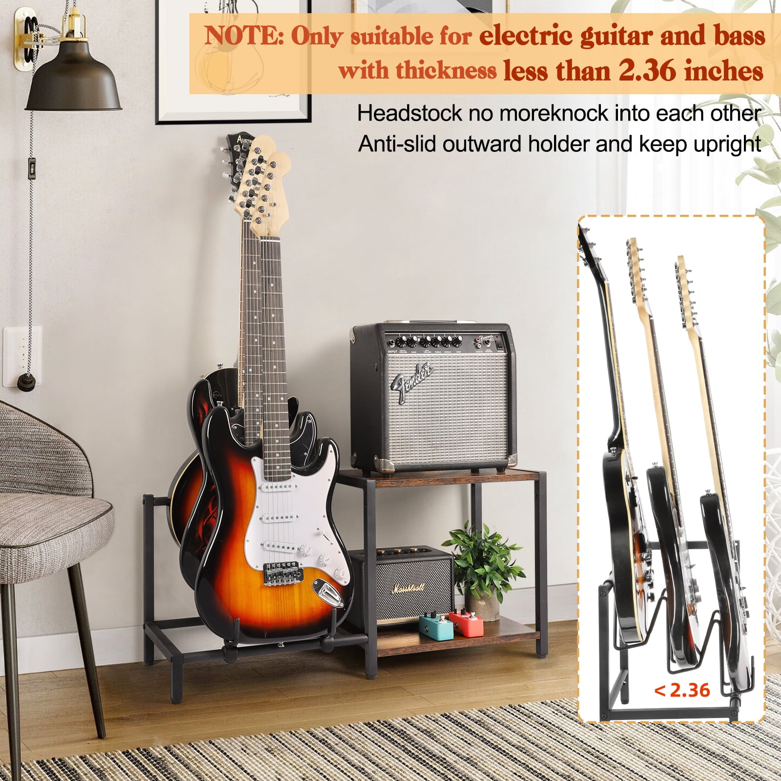 Olakee 3-Piece Floor Guitar Stand with Amp Support, Adjustable for Multiple Electric Guitars and Accessories, Wood & Metal, Black & Brown