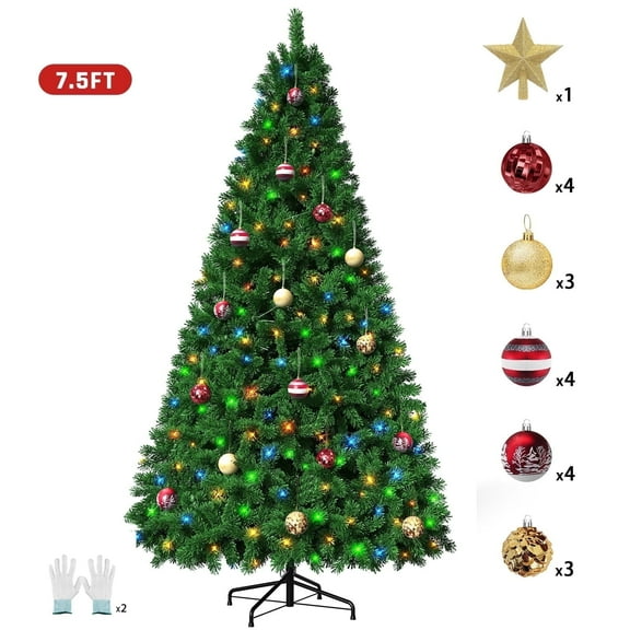 VAVSEA 7.5ft Pre Lit Christmas Tree with 18pcs Ball, Artificial Christmas Tree with Lights, Green Xmas Tree for Holiday Party, Indoor and Outdoor Decoration