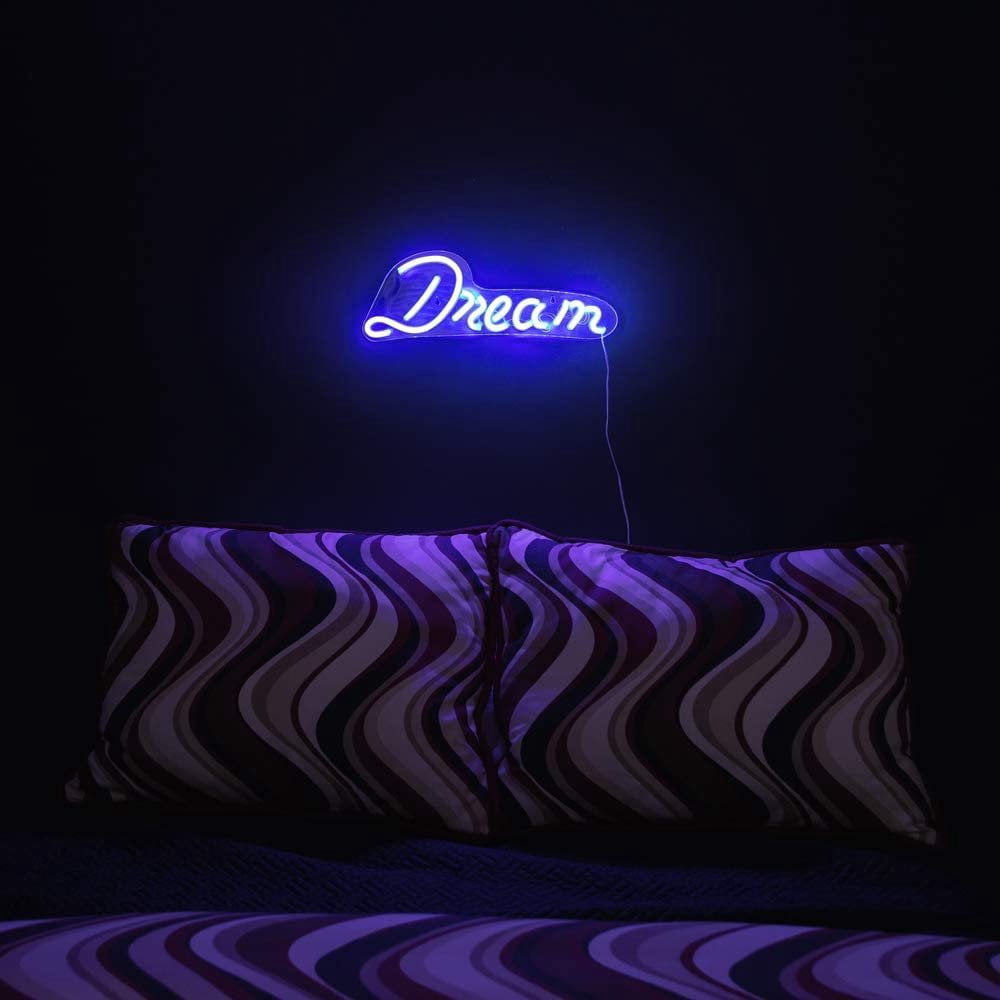 Isaac Jacobs 17" x 6" LED Neon Blue “Dream” Wall Sign for Cool Light, Wall Art, Powered by USB Wire
