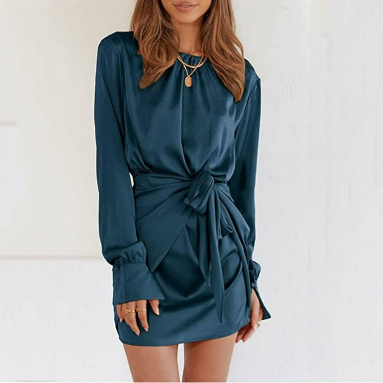 XFLWAM Women's Fall Satin Dress Casual Long Sleeve Ruched Wrap Dress Crew  Neck Tie Waist Elegant Cocktail Party Mini Dresses Blue XXL - Walmart.com