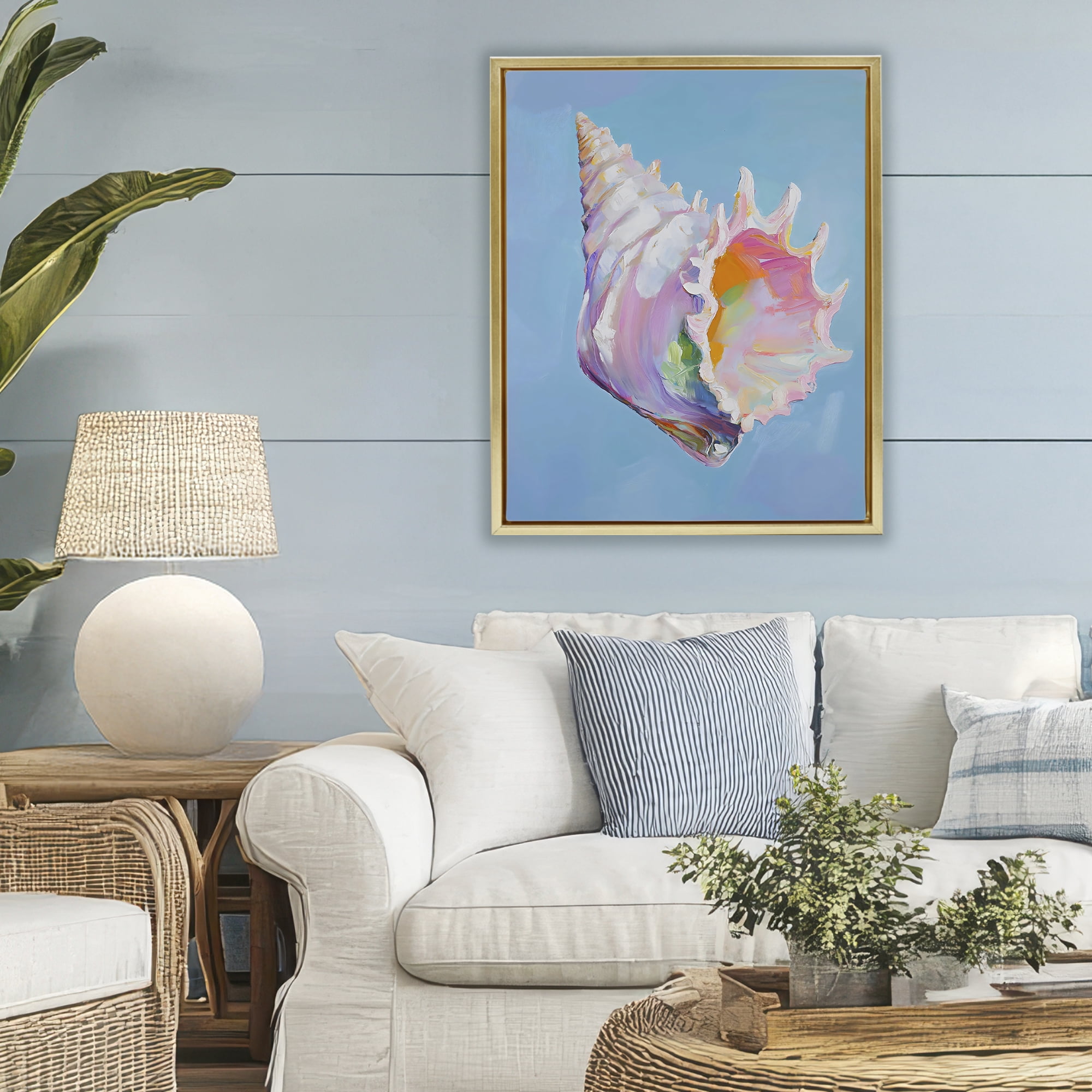 Stupell Industries Pastel Hued Conch on Blue Gold Framed Floater Canvas Wall Art, design by The Prints Vibe