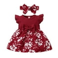 thumbnail image 1 of EDFBUYKRS Girls Fly Sleeve Ribbed Bowknot Dresses Toddler Ruffles Floral Printed Dress Headbands Set, 1 of 3