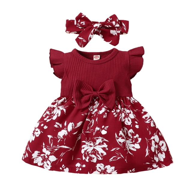 EDFBUYKRS Girls Fly Sleeve Ribbed Bowknot Dresses Toddler Ruffles Floral Printed Dress Headbands Set