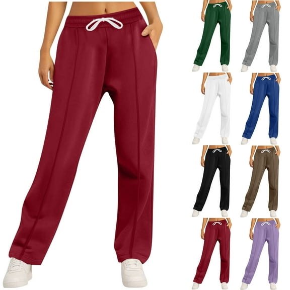 Frostluinai Women's Lounge Joggers with Pocker Drawstring Elastic Waist Baggy Straight Wide Leg Pants Solid Running Open Bottom Pants