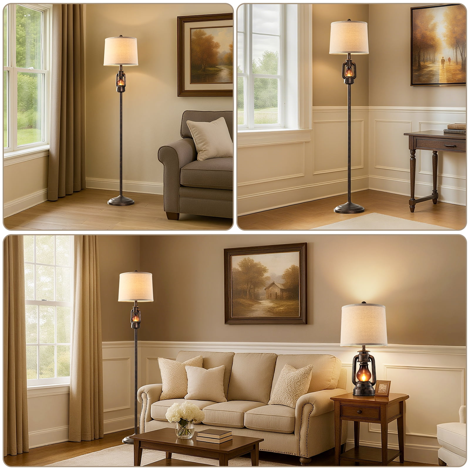 JUJUYUYOP 63" Linen Lampshade Vintage Country Farmhouse Style Floor Lamp with Lantern Night Light, Suitable for Living Room, Bedroom, and Office (Bulb Included)