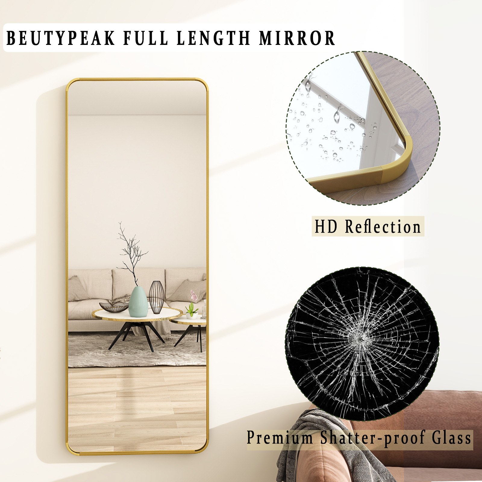 BEAUTYPEAK 21x64 Full Length Mirror Rectangle Safe Standing Floor Mirror,Gold - image 5 of 6