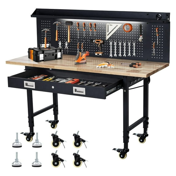 M optimized 60" Adjustable Workbench with Drawer Storage, Rubber Wood Top Work Table for Garage, Heavy Duty Worktable with Removable Pegboard, Power Outlet, Hooks, Tool Storage Bench