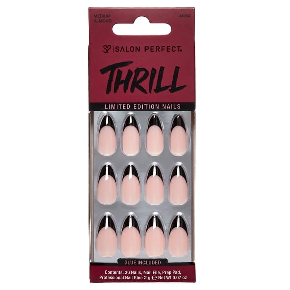 Salon Perfect Halloween Thrill Medium Almond Press-On Nails with Glue & File, Black French, 30 Pieces