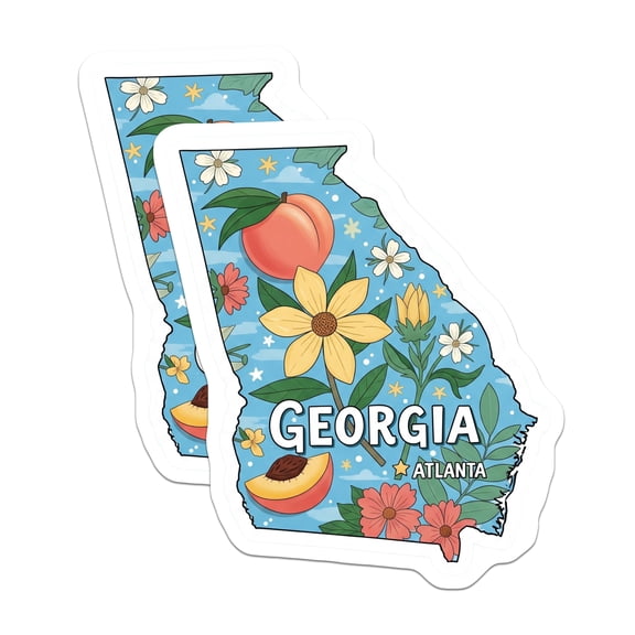 (2 Pack) Georgia State Stickers - Peach Flower Stickers - Atlanta Souvenir - 5" On Longest Side - Sticks to Smooth Flat Surfaces - Made in USA - BMCS14333