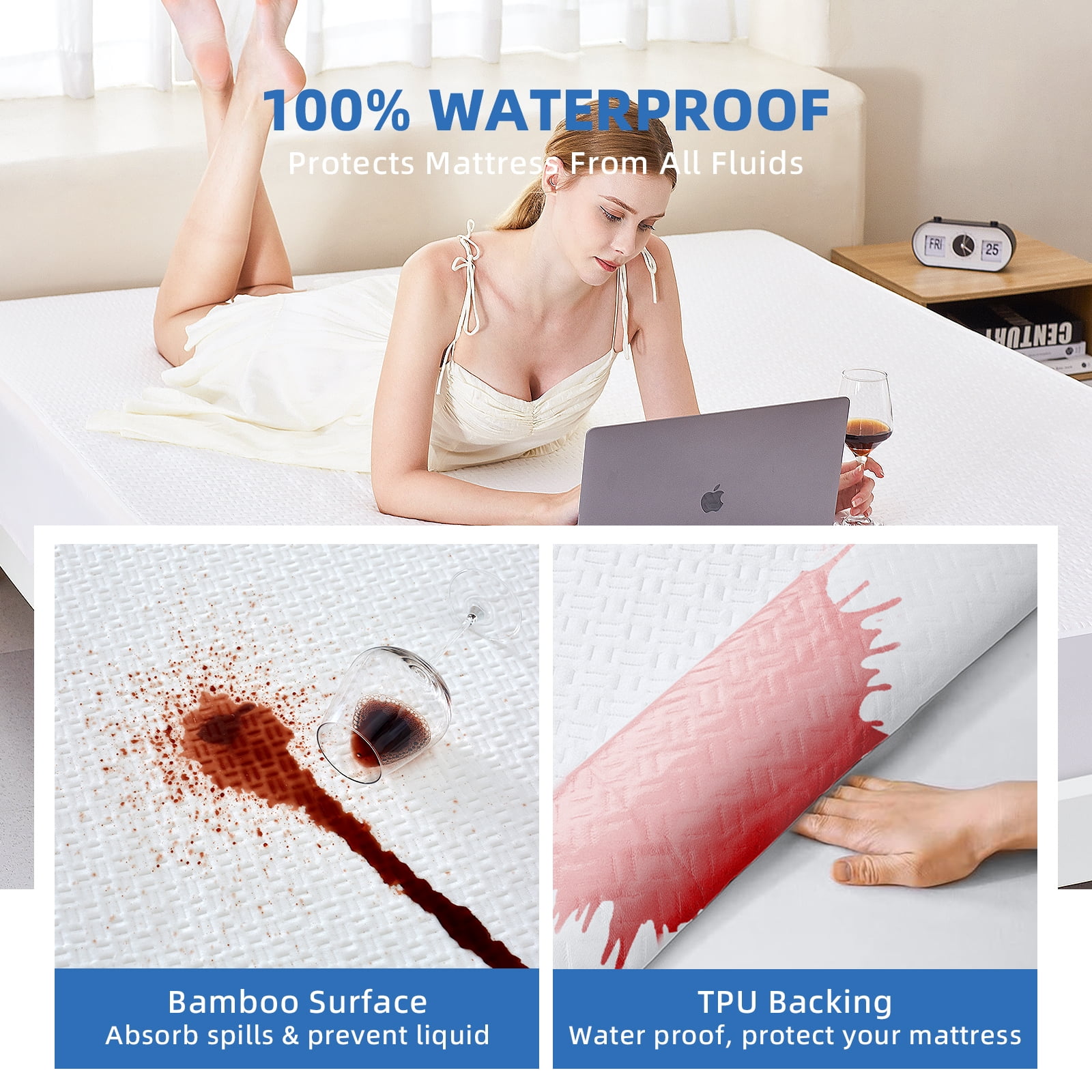 RestGuard 100% Waterproof Mattress Protector, Breathable Cooling Bamboo 3D Air Fabric Mattress Cover, Soft Noiseless Bed Cover, Machine Washable, 8-21'' Deep Pocket (Full)