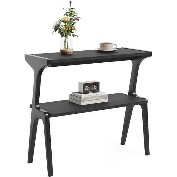 Narrow End Table, 2-Tier Solid Wood Sofa Side Table with Storage Shelf, Tall Slim Bedside Table Nightstand for Living Room, Bedroom, Black